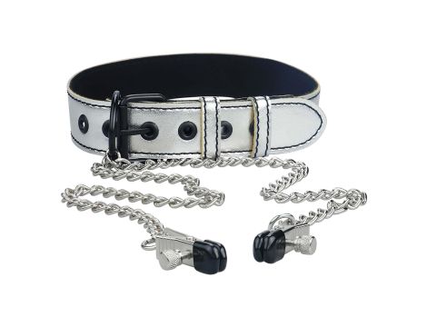 Metallic Silver Collar With Nipple Clamp