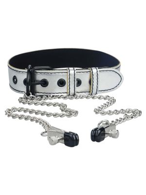 Metallic Silver Collar With Nipple Clamp