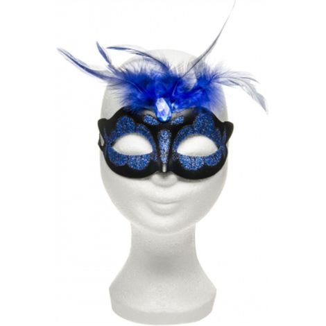 Maska-Venetian Mask Dark Blue with Dark Blue Stone and Feather - 2