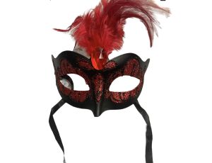 Maska-Venetian Mask Red with Red Stone and Feather