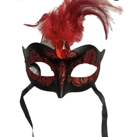 Maska-Venetian Mask Red with Red Stone and Feather