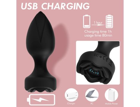 Power Escorts - Princess Plug - Remote Rose Design Plug - USB Rechargeable - 10 Functions - Black - 5