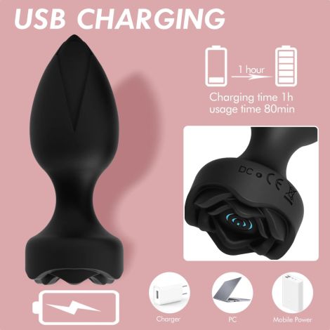 Power Escorts - Princess Plug - Remote Rose Design Plug - USB Rechargeable - 10 Functions - Black - 5