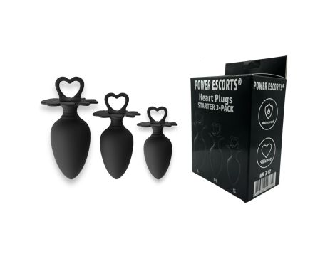 Power Escorts - Heart Plug Anal Starter 3-Pack - S, M & L - Black - quality Silicone - Colour box - 2