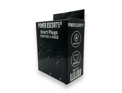 Power Escorts - Heart Plug Anal Starter 3-Pack - S, M & L - Black - quality Silicone - Colour box - 3