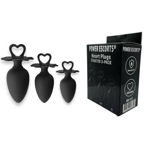 Power Escorts - Heart Plug Anal Starter 3-Pack - S, M & L - Black - quality Silicone - Colour box - 2