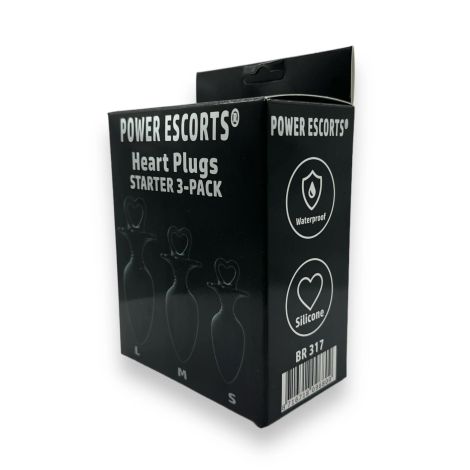 Power Escorts - Heart Plug Anal Starter 3-Pack - S, M & L - Black - quality Silicone - Colour box - 3