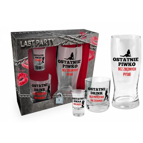 NIEZBĘDNIK KAWALERSKI-zestaw: szklanka do piwa 400ml, szklanka do whisky 270ml, kieliszek do wódki 35ml (czerwono-czarny)