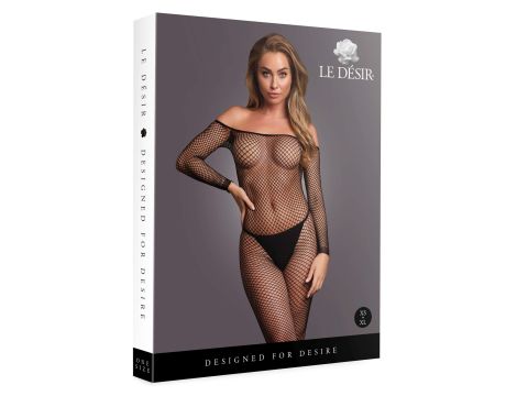 Bodystocking with off shoulder neckline, fishnet structure and open crotch. - 2