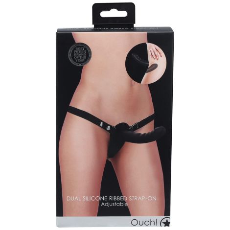 Ouch! - Dual Silicone Ribbed Strap-On - Adjustable - Black - 2