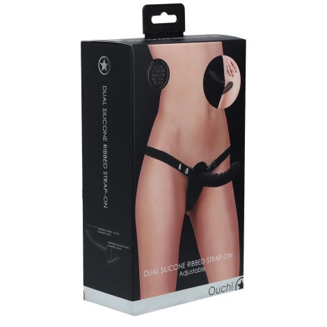 Ouch! - Dual Silicone Ribbed Strap-On - Adjustable - Black - 3