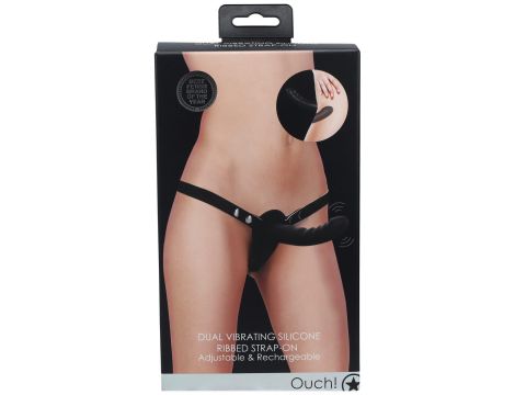 Ouch! - Dual Vibrating - Rechargeable - 10 Speed Silicone Ribbed Strap-On - Adjustable - Black