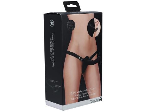 Ouch! - Dual Vibrating - Rechargeable - 10 Speed Silicone Ribbed Strap-On - Adjustable - Black - 3