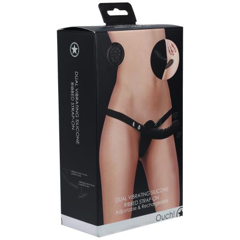 Ouch! - Dual Vibrating - Rechargeable - 10 Speed Silicone Ribbed Strap-On - Adjustable - Black - 3