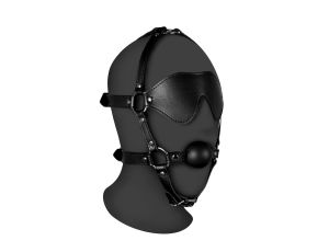 Blindfolded Head Harness with Solid Ball Gag - Black