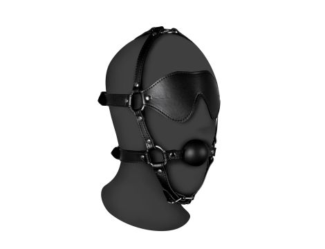 Blindfolded Head Harness with Solid Ball Gag - Black