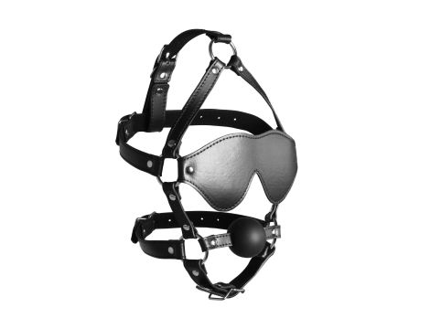 Blindfolded Head Harness with Solid Ball Gag - Black - 9