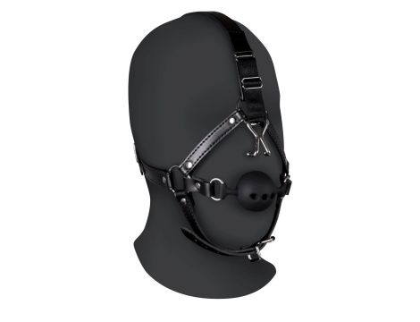 Head Harness with Breathable Ball Gag and Nose Hooks - Black