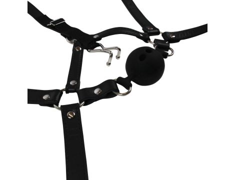 Head Harness with Breathable Ball Gag and Nose Hooks - Black - 8