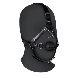 Head Harness with Breathable Ball Gag and Nose Hooks - Black