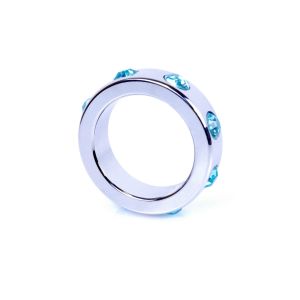 Pierścień-Metal Cock Ring with Light Blue Diamonds Medium - image 2