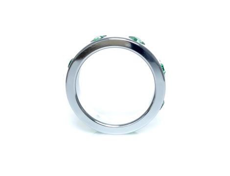 Pierścień-Metal Cock Ring with Green Diamonds Large - 2