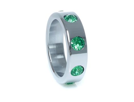 Pierścień-Metal Cock Ring with Green Diamonds Large - 3