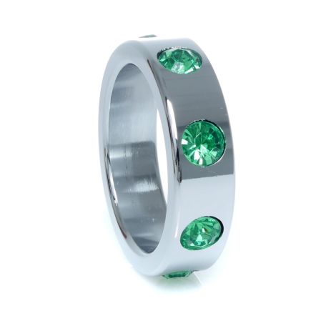 Pierścień-Metal Cock Ring with Green Diamonds Large - 3