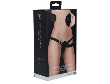 Ouch! - Vibrating - Rechrgeable - 10 Speed Silicone Ribbed Strap-On - Adjustable - Black