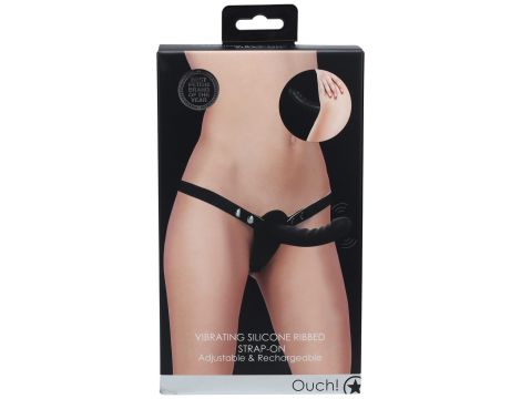 Ouch! - Vibrating - Rechrgeable - 10 Speed Silicone Ribbed Strap-On - Adjustable - Black - 3