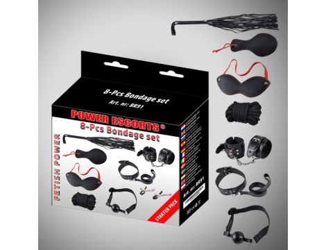 Bondage set 8 pcs black cuffs / collar/ mask/ whipp/ clamps/rope etc