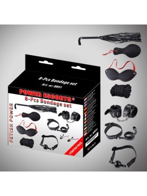 Bondage set 8 pcs black cuffs / collar/ mask/ whipp/ clamps/rope etc