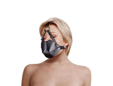 Head Harness with Mouth Cover and Solid Ball Gag - Black