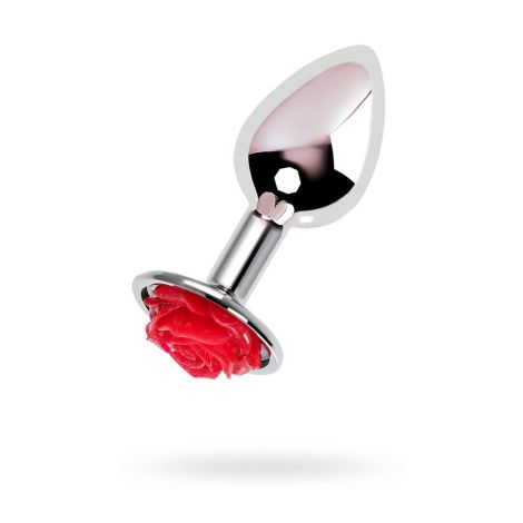 Anal plug Metal by TOYFA, metal, silver with red rose, 8 cm, O 2.7 cm, 48 g