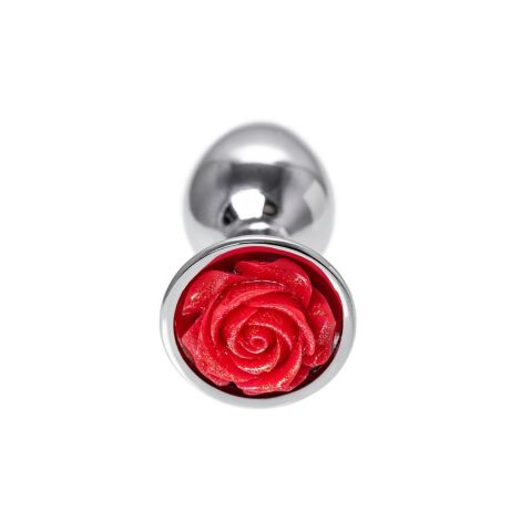 Anal plug Metal by TOYFA, metal, silver with red rose, 8 cm, O 2.7 cm, 48 g - 2