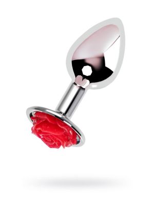 Anal plug Metal by TOYFA, metal, silver with red rose, 8 cm, O 2.7 cm, 48 g