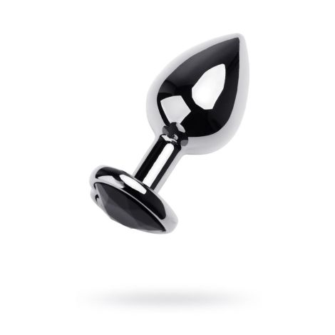 Silver anal plug TOYFA Metal with black heart-shaped gem, length 7 cm, diameter 1,8-3,3 cm, weight 92 gr