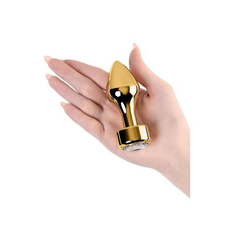 Gold anal plug TOYFA Metal with white round-shaped gem , length 7 cm, diameter 2-3,5 cm, weight 140 gr - 6