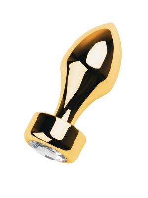 Gold anal plug TOYFA Metal with white round-shaped gem , length 7 cm, diameter 2-3,5 cm, weight 140 gr