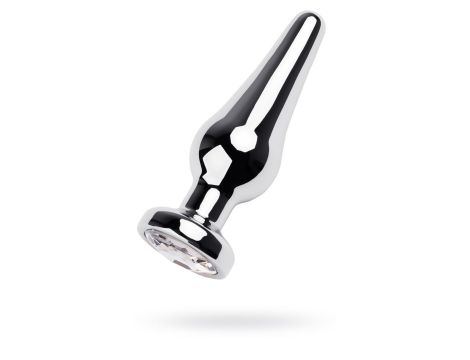 Silver anal plug TOYFA Metal with white round-shaped gem, length 9 cm, diameter 1,5-4 cm, weight 205 gr