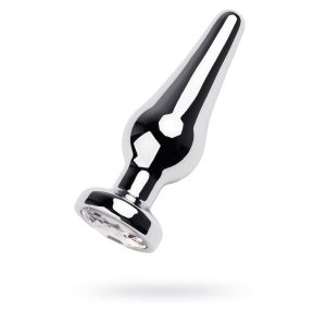 Silver anal plug TOYFA Metal with white round-shaped gem, length 9 cm, diameter 1,5-4 cm, weight 205 gr